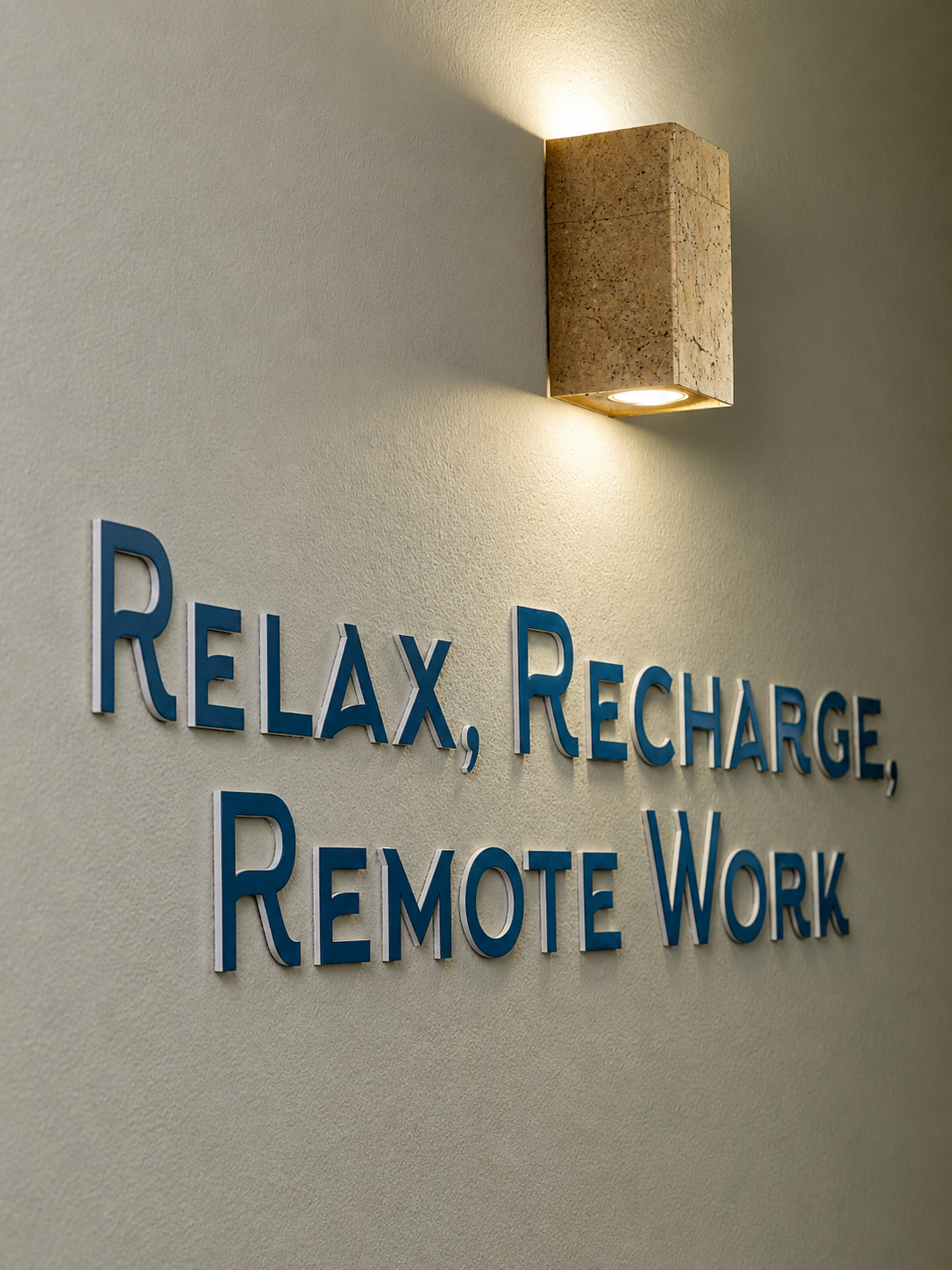 Relax, Recharge, Remote Work lettering on the wall at Lifestyle @ Vila Mós in Lagos