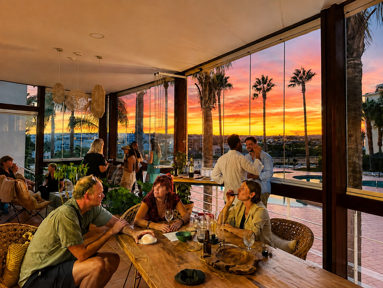 Members enjoying sunset drinks on the glazed terrace